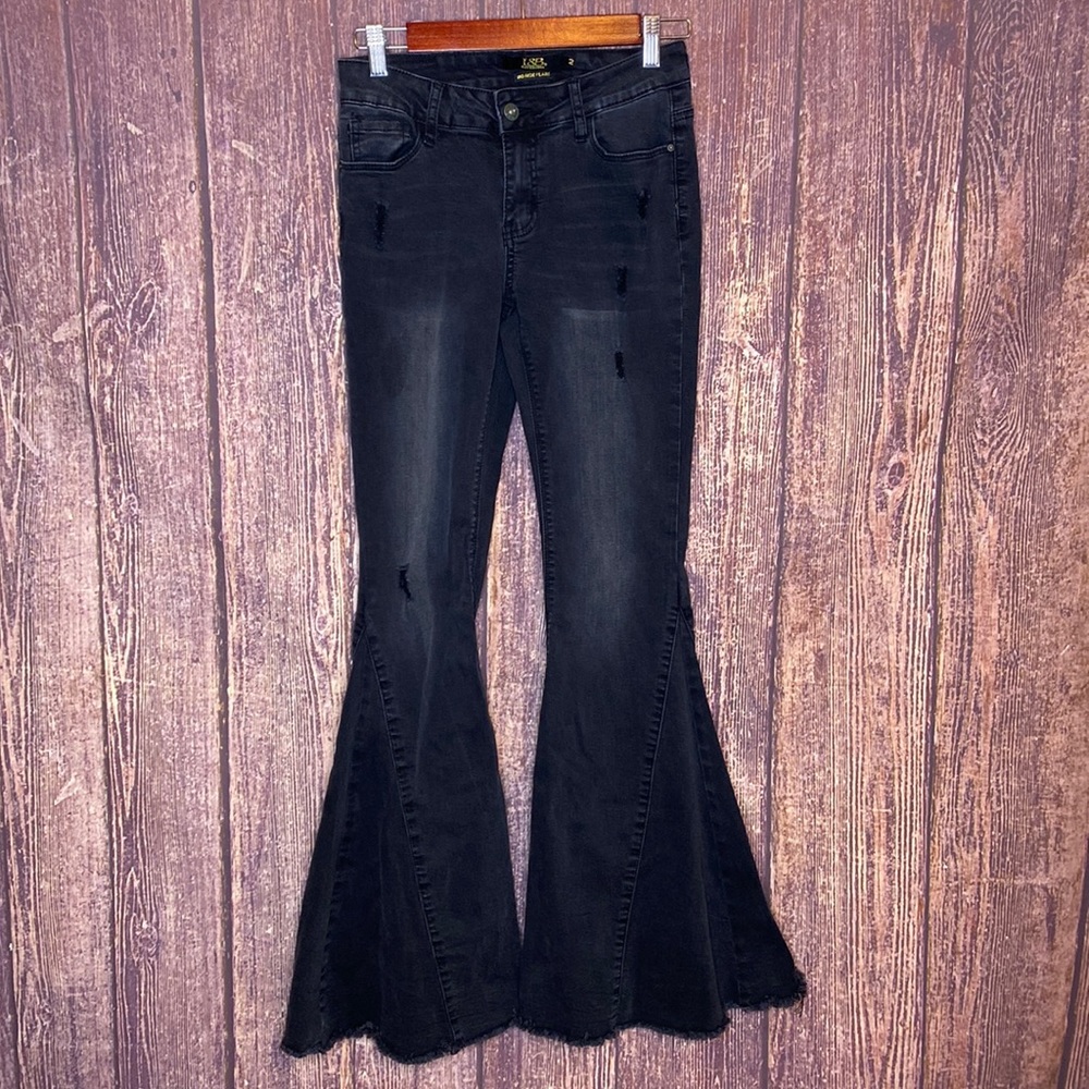 L&B mid rise flare jeans size 2 black raw hem 70s boho super flare denim comfy